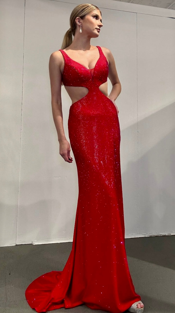 Shop Style 7709: a shimmering fitted red prom dress featuring a beaded design and cutouts.