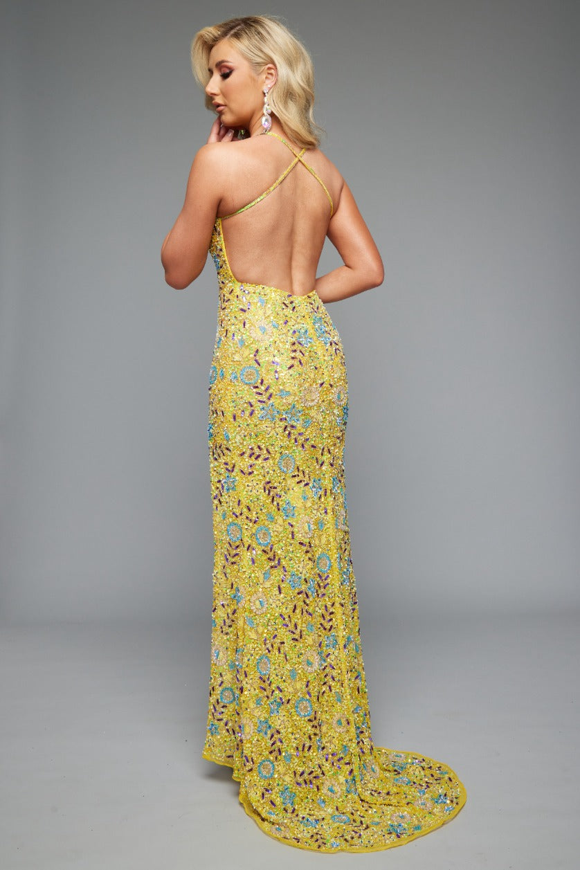 Back view of Style 7622 prom dress with a beaded design, halter, high slit, open back, plunge neckline, and spaghetti straps, shown in yellow, offering a dazzling look.