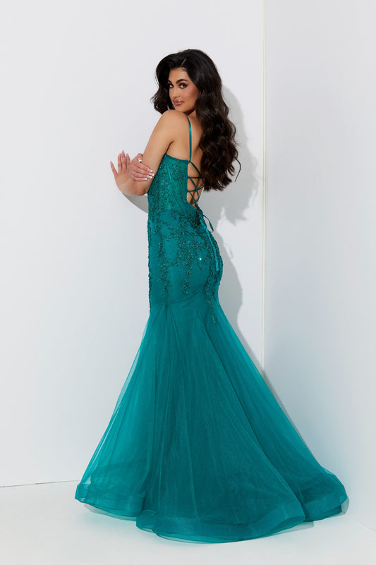 B233074 Sophisticated Stretch Velvet Gown with Mini Sleeves and Diamond  Shaped Back Opening