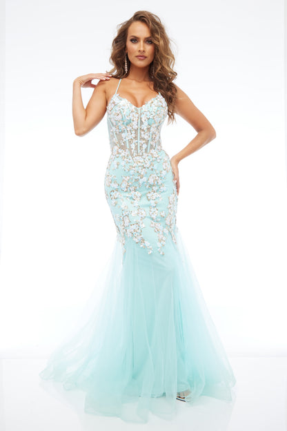 Front view of Style 7700: a chic mint prom dress featuring applique details, corset lace up back, spaghetti straps, and tulle skirt. 