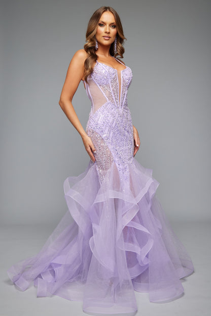 Side view of our glamorous lilac spaghetti strap prom dress with tulle skirt, lace up back, and corset detail. Bold, feminine, and perfect for prom 2025.