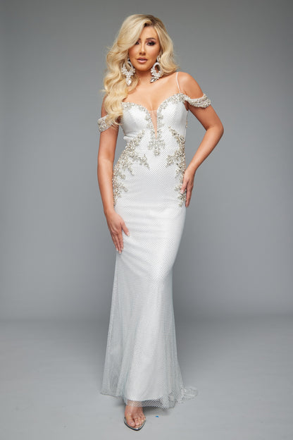 Glamorous off-the-shoulder white fitted prom dress with stunning beaded details and an open back design. 