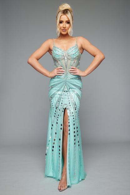 Front view of Style 7627: a refined prom dress featuring a beaded design, mirror accents, and spaghetti straps. Shown in mint and ideal for turning heads.