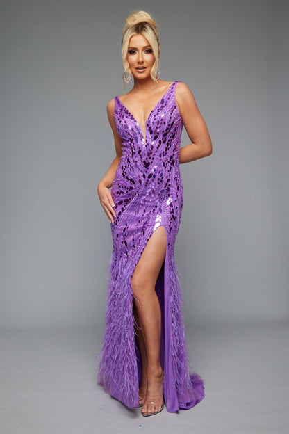 Front view of Style 7634: an enchanting prom dress featuring fringe, a high slit, mirror accents, and a plunge neckline. Shown in lilac and a must-have for prom night.