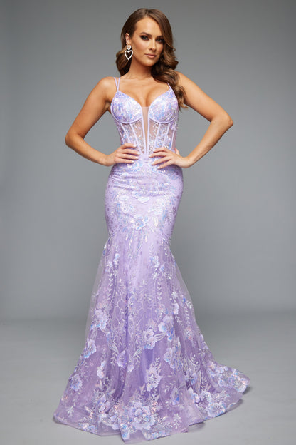 Front view of our best selling Style 7657: a feminine spaghetti strap prom dress with applique and corset lace up details shown in lilac.