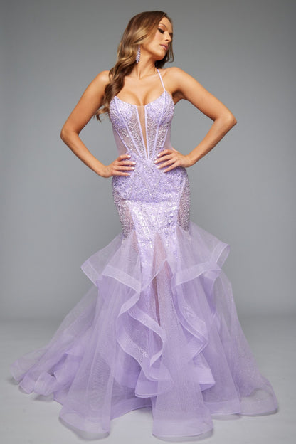 Front view of our glamorous lilac spaghetti strap prom dress with tulle skirt, lace up back, and corset detail. Bold, feminine, and perfect for prom 2025.