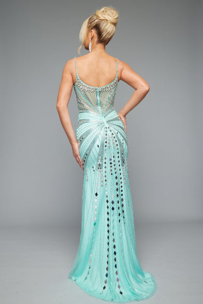 Back view of Style 7627: a refined prom dress featuring a beaded design, mirror accents, and spaghetti straps. Shown in mint and ideal for turning heads.