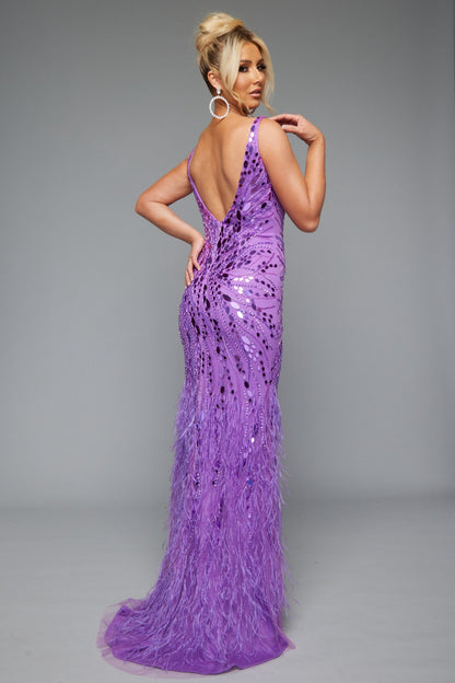 Back view of Style 7634: an enchanting prom dress featuring fringe, a high slit, mirror accents, and a plunge neckline. Shown in lilac and a must-have for prom night.