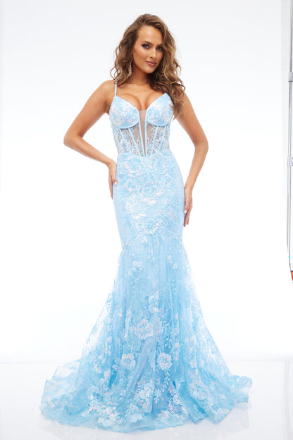 Front view of our best selling Style 7657: a feminine spaghetti strap prom dress with applique and corset lace up details shown in light blue.