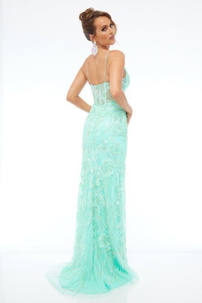 Back view of Style 7690: an enchanting mint prom dress featuring applique and corset details, a high slit, and spaghetti straps.