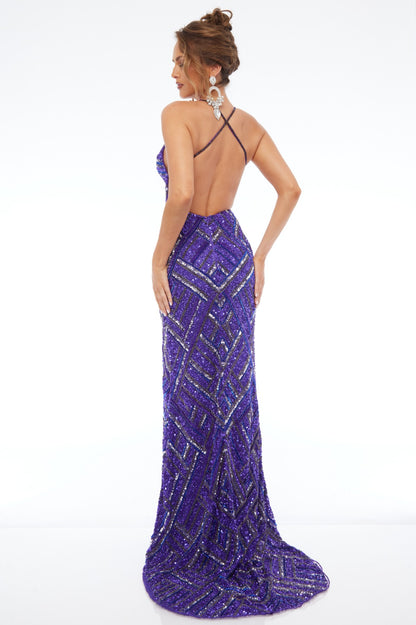 Back view of Style 7698: a dazzling purple prom dress featuring a beaded design, high slit, open back, and spaghetti straps.