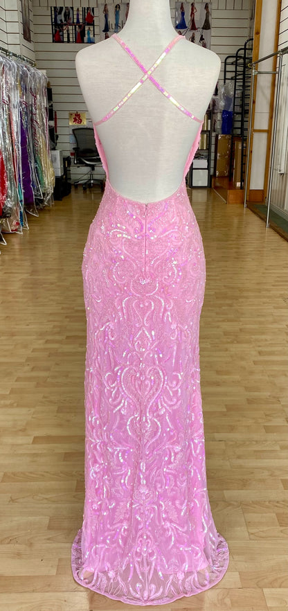 Back view of best selling Style 7692: an enchanting beaded pink prom dress with a halter, high slit, open back, and spaghetti straps.