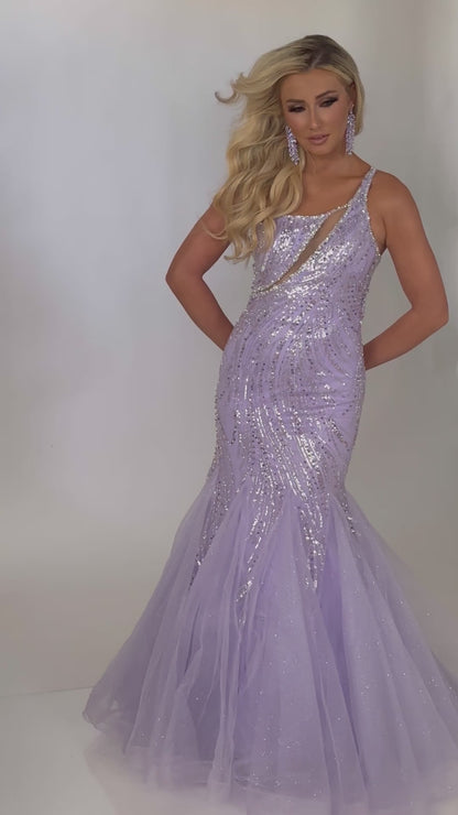 Video of Style 7696: an enchanting fitted lilac prom dress featuring a beaded design, lace up back, one shoulder, and tulle skirt. 