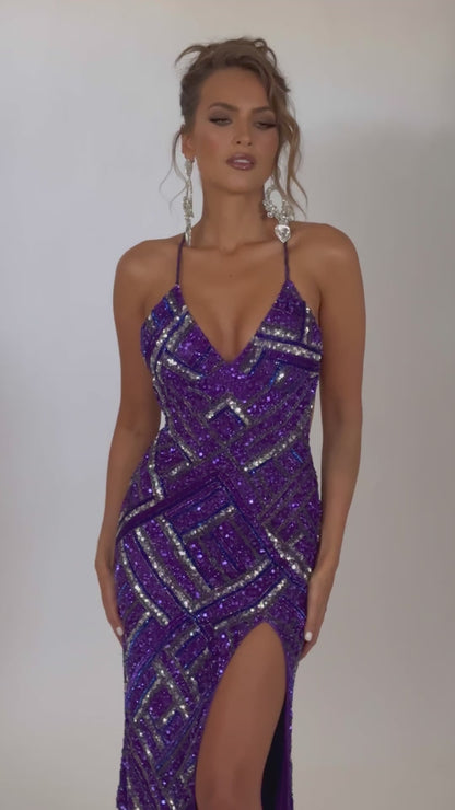 Video of Style 7698: a dazzling purple prom dress featuring a beaded design, high slit, open back, and spaghetti straps.