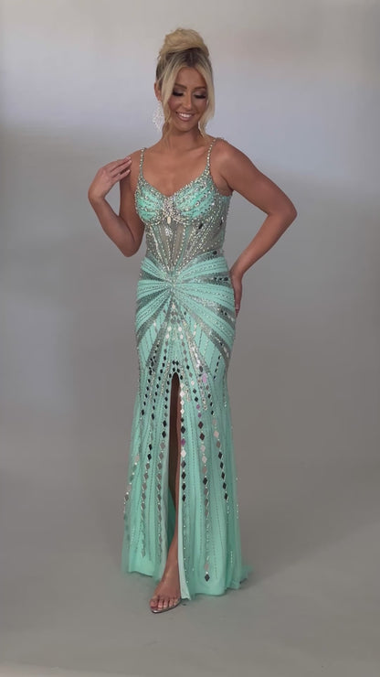 Video of Style 7627: a refined prom dress featuring a beaded design, mirror accents, and spaghetti straps. Shown in mint and ideal for turning heads.