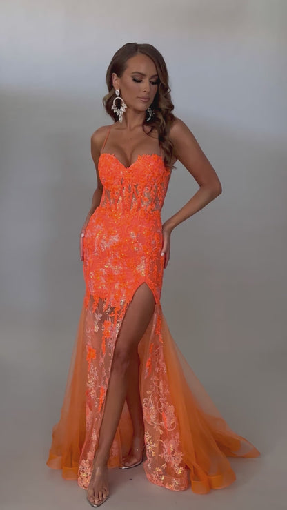 Video of Jasz Couture Style 7652: an elegant best selling orange beaded prom dress with a corset lace up detail and spaghetti straps.