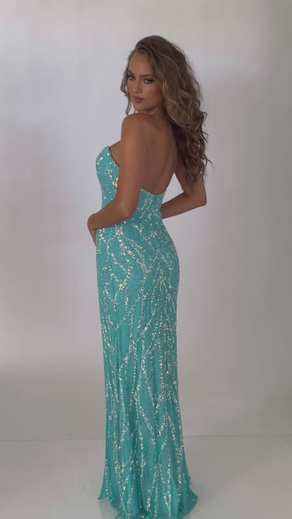 Video of Jasz Couture Style 7666: a dazzling strapless aqua prom dress featuring a beaded design, high slit, and a plunging sweetheart neckline.