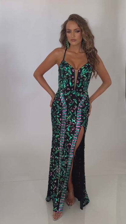 Video of Style 7693: a multicolored prom dress featuring beads, high slit, open back, plunge neckline, and spaghetti straps.