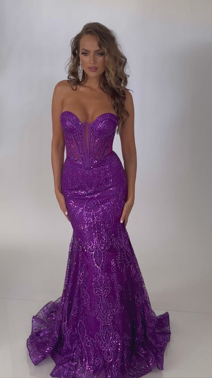 Video of Style 7707: a bold strapless purple prom dress featuring a sweetheart neckline and a corset lace up back. 